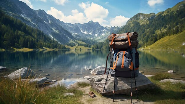 Una foto de una mochila y palos de senderismo junto a un sereno lago de montaña