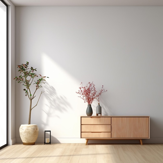 Foto-Mockup einer Innenwand in einem Wohnraum mit einem Schrank und einer leeren weißen Wand