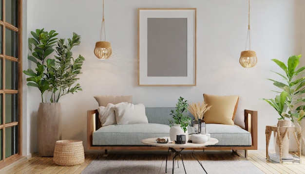 Foto-Mockup-Rahmen auf dem Schrank im Wohnzimmer-Interieur auf leerer dunkler Wand-Hintergrund