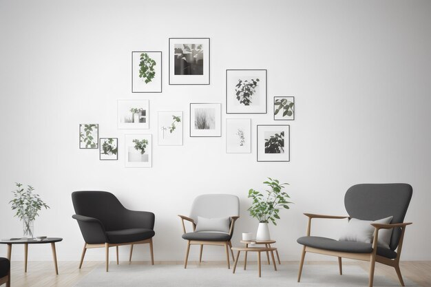 Foto-Mockup-Rahmen im Wohnzimmer mit Stuhl und Dekor im skandinavischen Stil