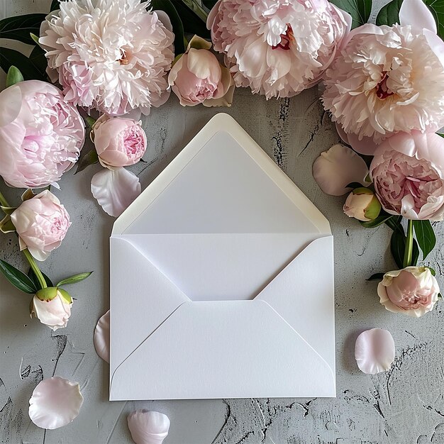 Foto-Mockup-Vorlage im Envelope Liner-Stil mit rosa Pfingstrosenblüten