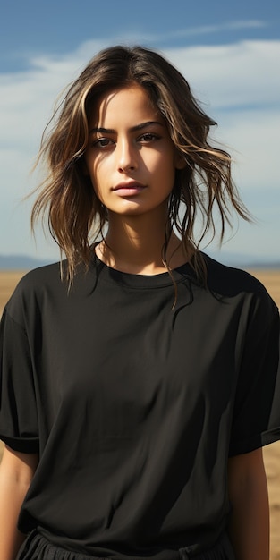 Foto de moda al aire libre de una joven hermosa vestida de negro posando en el campo