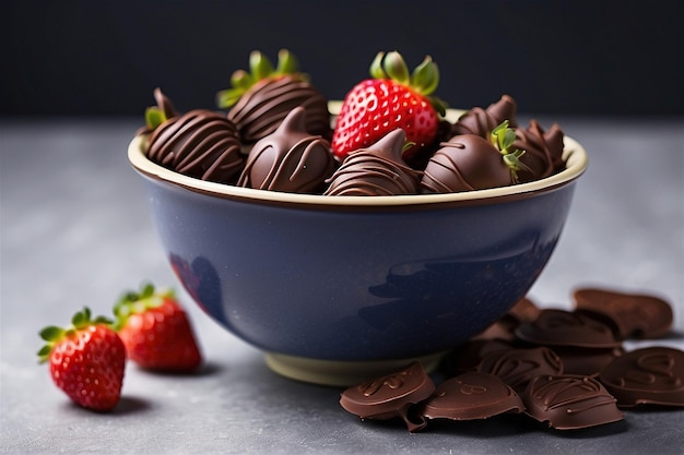 Foto de moda fresas cubiertas de chocolate en un cuenco