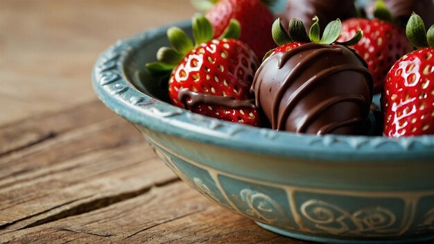 Foto de moda fresas cubiertas de chocolate en un cuenco