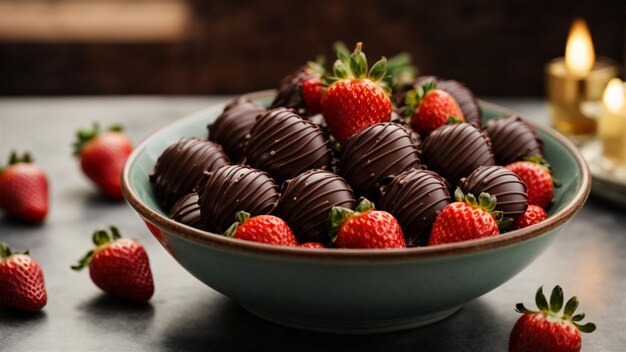 Foto de moda fresas cubiertas de chocolate en un cuenco