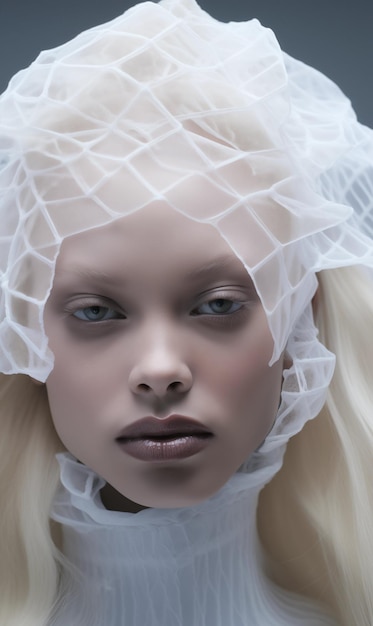 Una foto de moda de una modelo albino con un traje de fantasía