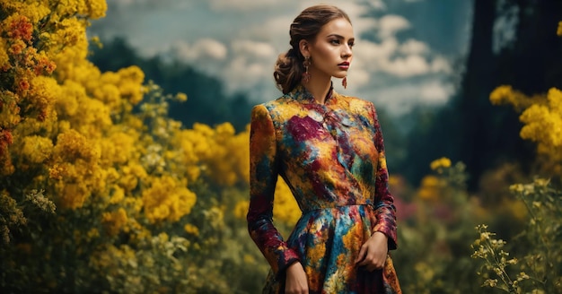 foto de moda de una mujer hermosa en un largo vestido de lujo posando ai generativo