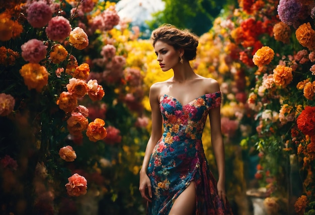 foto de moda de una mujer hermosa en un largo vestido de lujo posando ai generativo