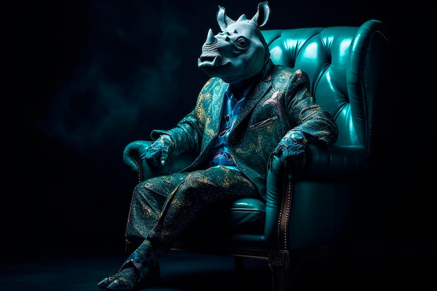 Foto de moda de un rinoceronte antropomórfico sentado en un sillón vestido con una gran ropa hiphop de los años 80