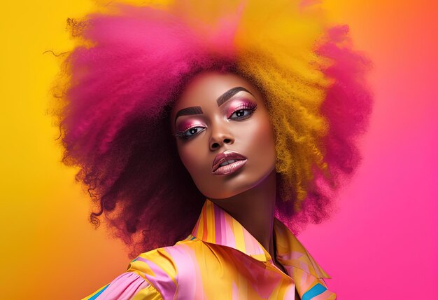 foto de una modelo afroamericana vestida de rosa y amarillo al estilo de colores