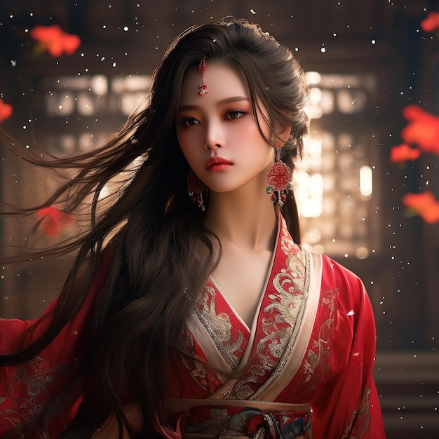 Foto de un modelo de una chica japonesa en kimono con flores en el cabello