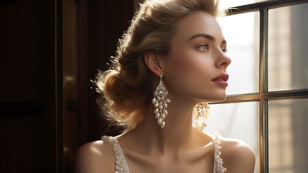 Una foto de una modelo con lujosos aretes colgantes de perlas