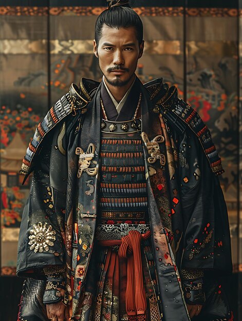 Foto de un modelo masculino alto con un collage de armadura inspirada en el samurai inspirado en el vintage.