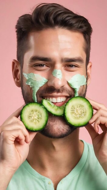 Foto de modelo masculino gracioso que toca las mejillas se ríe felizmente disfruta de la frescura de la piel tiene un atractivo regular