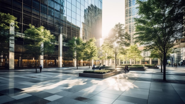 Una foto de una moderna plaza urbana con edificios de cristal.