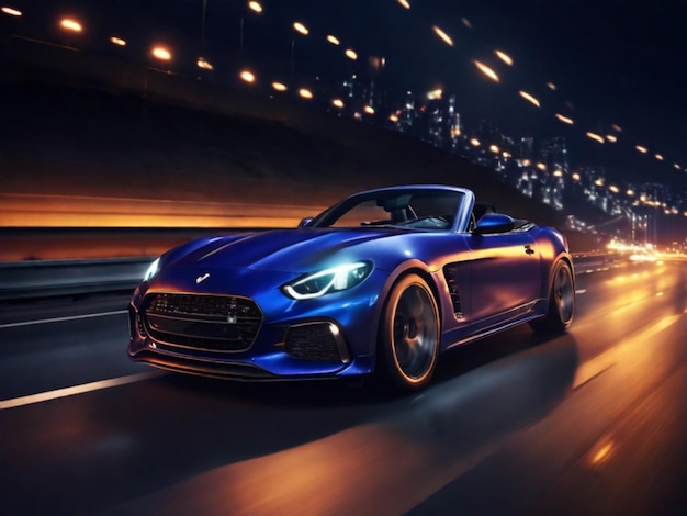 Foto moderner blauer Sportwagen fährt nachts durch dunkle Kurven