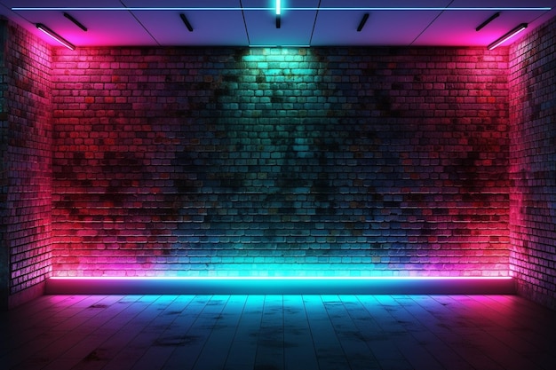 Foto moderner futuristischer Neonlichter auf alter Grunge-Ziegelsteinwand Raumhintergrund 3D-Rendering