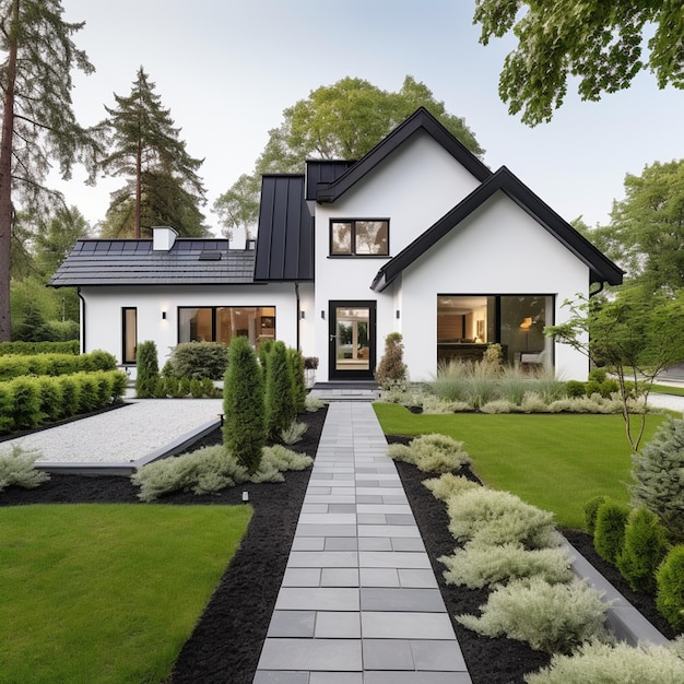 Foto modernes weißes Cottage mit Rasen und Gehweg im skandinavischen Stil