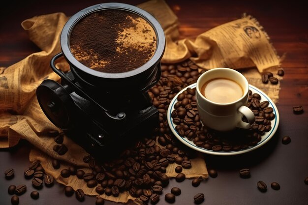 foto molinillo y una bolsa de granos de café