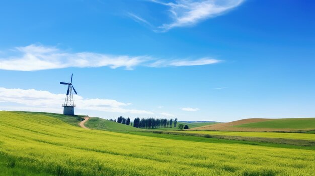 Una foto de un molino de viento en un prado con un cielo azul claro