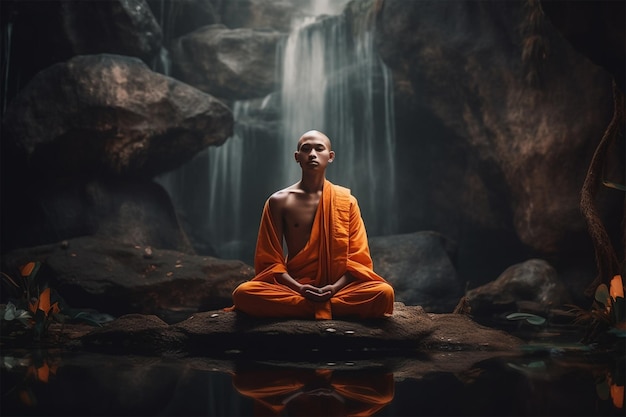 Foto foto monje budista en ropa naranja tradicional se sienta