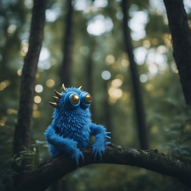 Foto de un monstruo azul con ojos dorados y pies azules sentado en el tallo de un árbol.