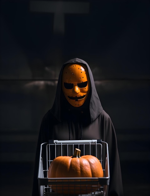 Foto Monstruo masculino aterrador y espeluznante parado en la oscuridad con calabaza Banner de venta del día de Halloween