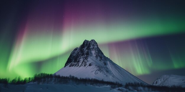 Una foto de una montaña con la aurora boreal sobre ella.