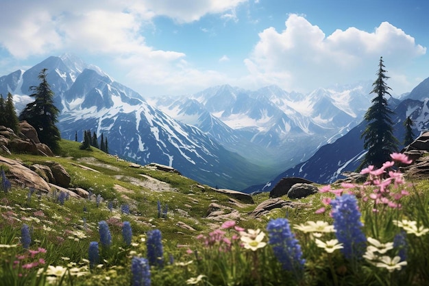 Una foto de una montaña con flores y una pequeña cabaña al fondo.