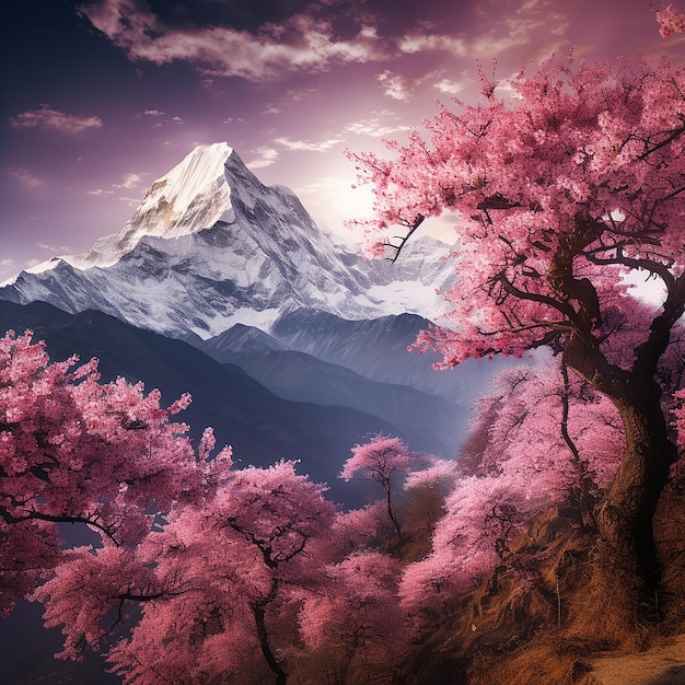 Foto foto de las montañas del himalaya con flores de cerezo