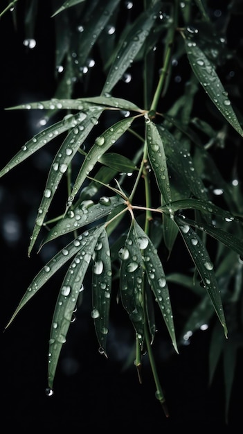 una foto de un montón de hojas de bambú rodeadas de gotas de agua de lluvia