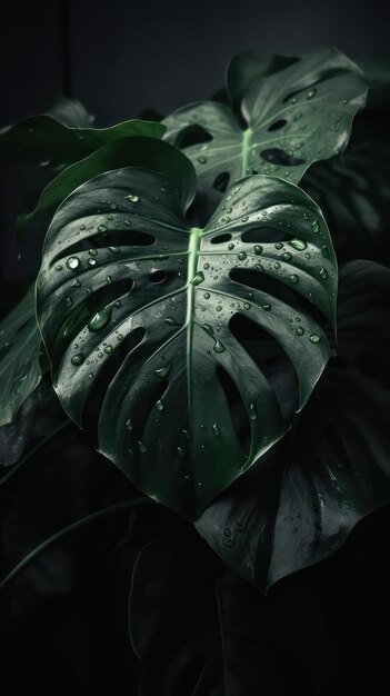 una foto de un montón de hojas de monstera rodeadas de gotas de agua de lluvia