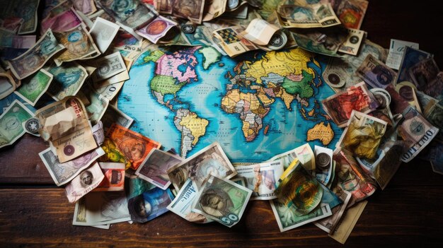 Una foto de un montón de monedas extranjeras como telón de fondo del mapa mundial