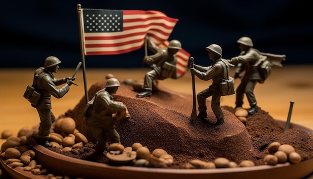 Foto del monumento a Iwo Jima pero con soldados de juguete sustitutos izando la bandera estadounidense