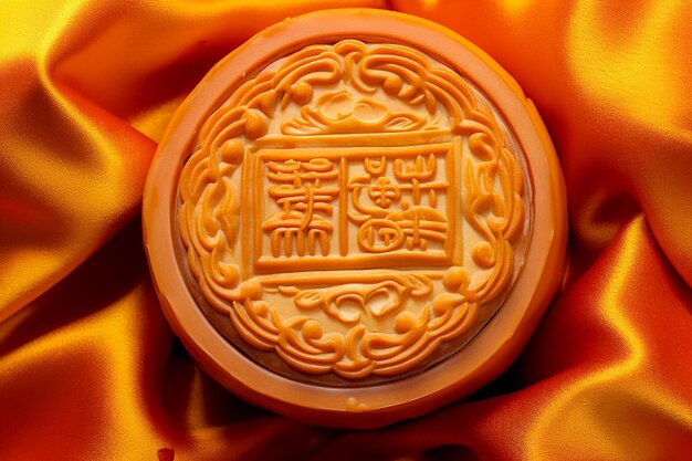 Foto Mooncake deitado em luxuosa seda vermelha dourada Festival tradicional chinês MidAutumn Ai gerado