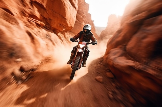 Foto: Motocross-Motorradfahrer bei einem Rennen auf einer unbefestigten Strecke