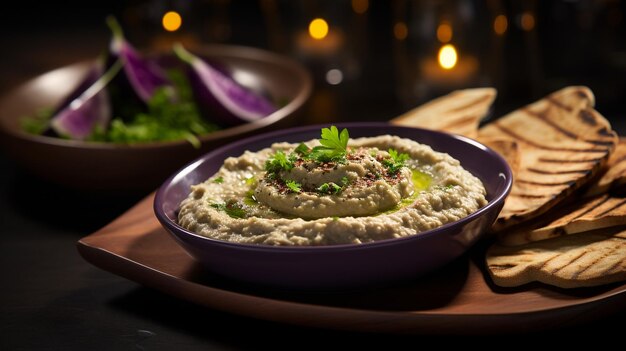 Foto foto de moutabal eggplant dip como un plato en un restaurante de alta gama