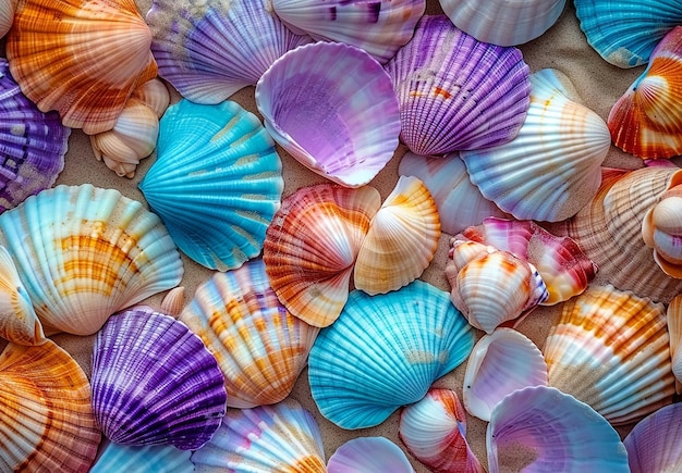 Foto de muchas conchas marinas en una superficie blanca y fondo de patrón