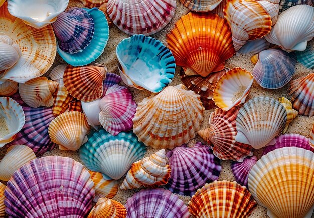 Foto de muchas conchas marinas en una superficie blanca y fondo de patrón