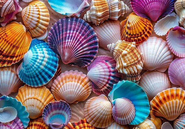 Foto de muchas conchas marinas en una superficie blanca y fondo de patrón