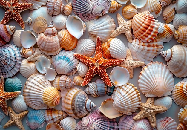 Foto de muchas conchas marinas en una superficie blanca y fondo de patrón