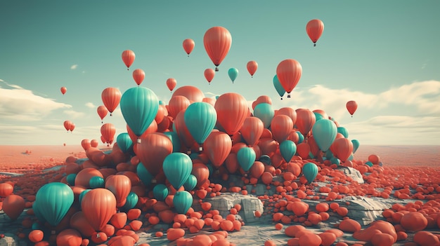 Foto de muchos globos azules y rojos volando.