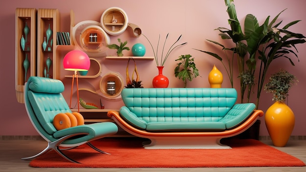 foto de muebles para el hogar en la sala de estar con estilo retro IA generativa