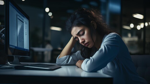 Foto müde Frau sitzt vor dem Computer und arbeitet müde arbeitende Frau