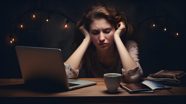 Foto müde Frau sitzt vor dem Computer und arbeitet müde arbeitende Frau
