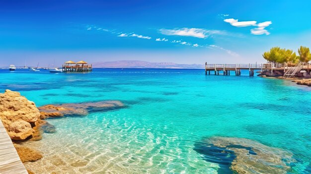 una foto de un muelle en el agua con un cielo azul y nubes