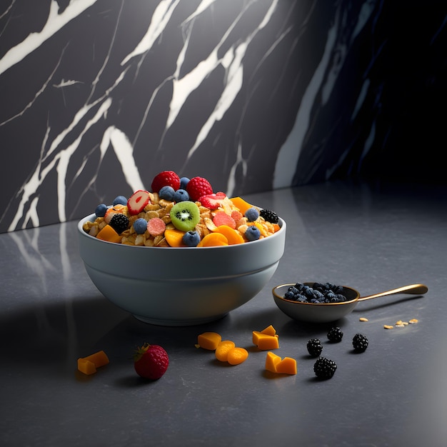 Foto Müsli in Schüssel und c Obst auf Marmorhintergrund Lebensmittelfotografie