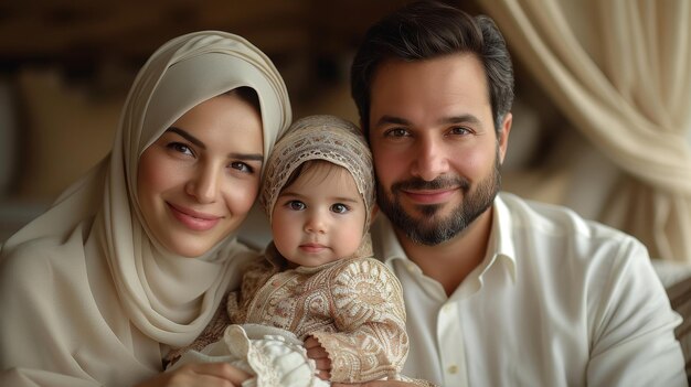 Esta foto muestra a una feliz familia árabe posando con su hija pequeña en casa