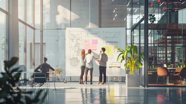 La foto muestra a un grupo de personas trabajando juntas en una oficina moderna