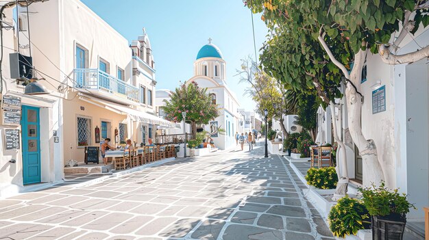 Foto la foto muestra una hermosa calle en santorini grecia la calle está alineada con edificios encalados y hay árboles y flores por todas partes